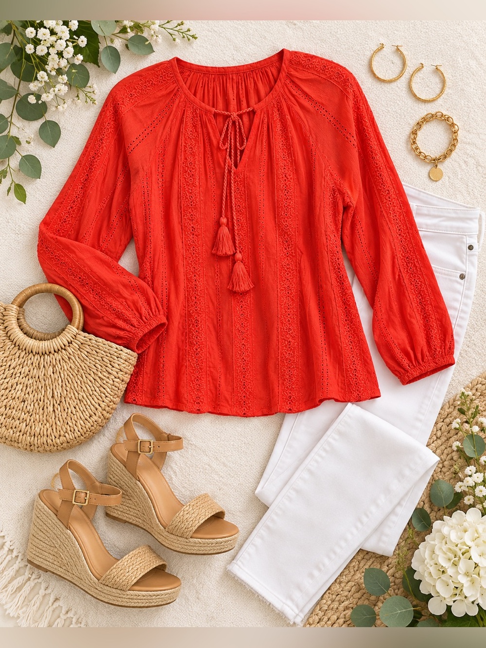 Liverpool Los Angeles Coral Blaze Embroidered Boho Tie Neck Blouse